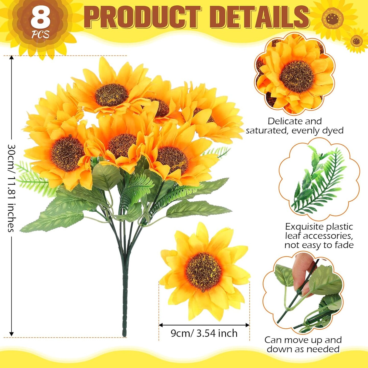 8 Pcs Fake Sunflower Bouquets, 11.8 in Artificial Sunflowers with Stems for Home, Kitchen, Table Centerpiece, DIY Decor