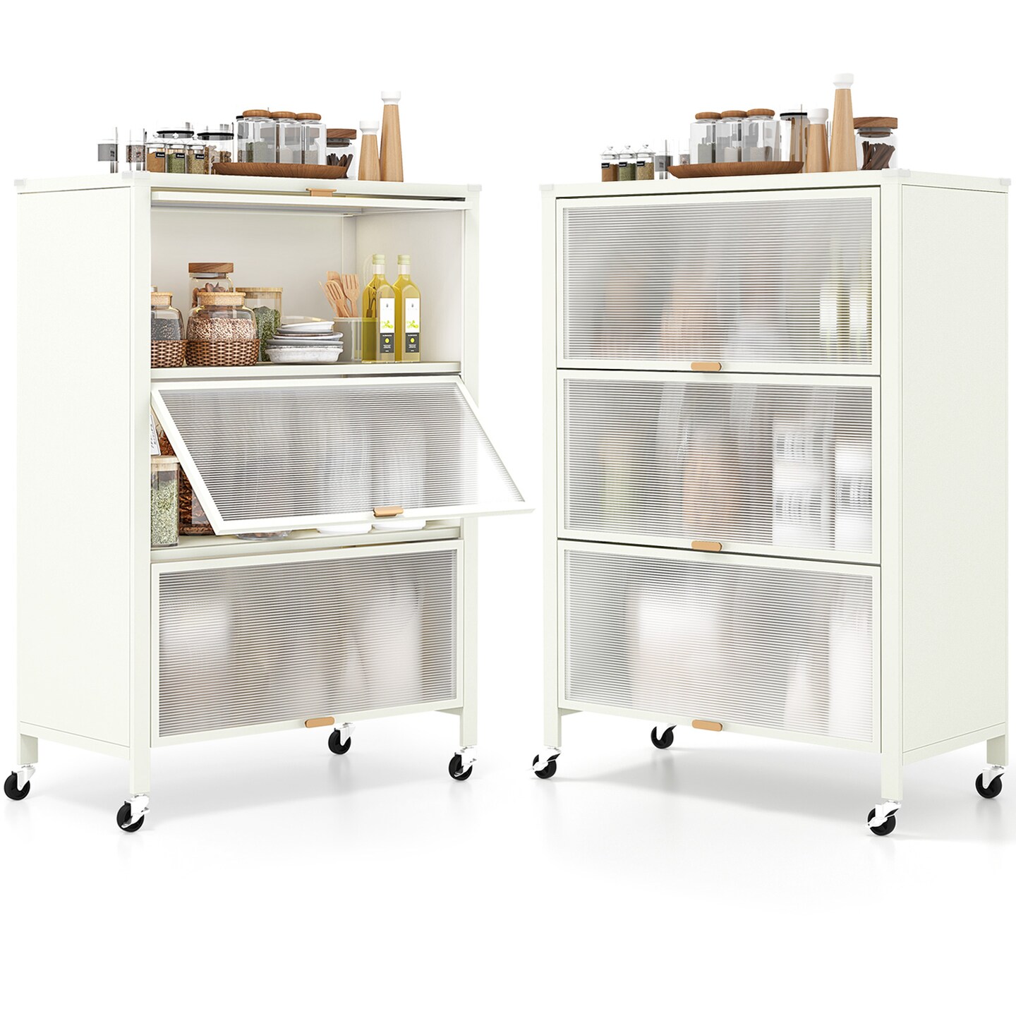 4-Tier White Metal Foldable Kitchen Bakers Rack with Flip Doors and 4 Universal Wheels