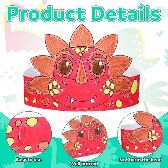 24 Pcs Color Your Own Dinosaur Crown for Kids Dino Coloring Paper Crown for Birthday Party Hats Dinosaur Theme Family Events Party Theme Events Sunday School Activities