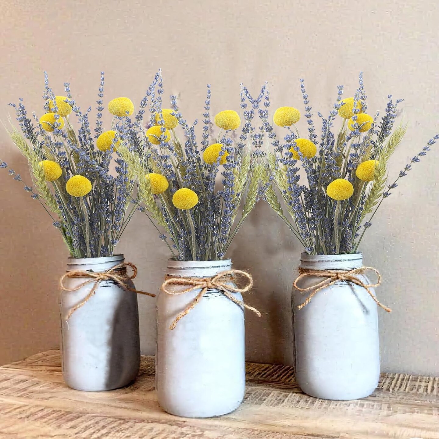 Dried Flowers Bouquet Dried Wheat Stalks Bundle Natural Lavender Dried Flowers Craspedia Flowers Dried Floral Arrangements for Wedding Party Table Centerpiece Decor Farmhouse DIY