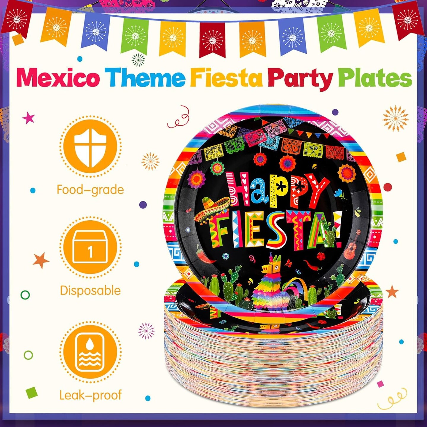 100 Pcs Mexican Paper Plates 7 Inch Disposable Fiesta Cake Dessert Plates Cinco De Mayo Party Decorations for Taco Tuesday Birthday Party Supplies(Fiesta Style)