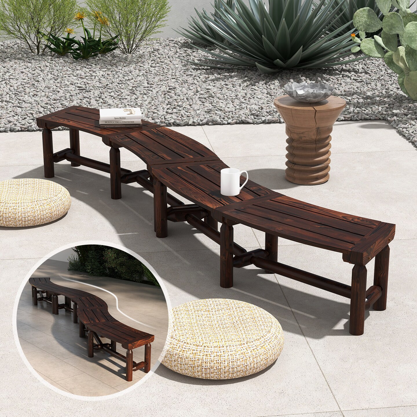 Rustic Brown Outdoor Patio Bench Carbonized Fir & Pine Wood Curved Design