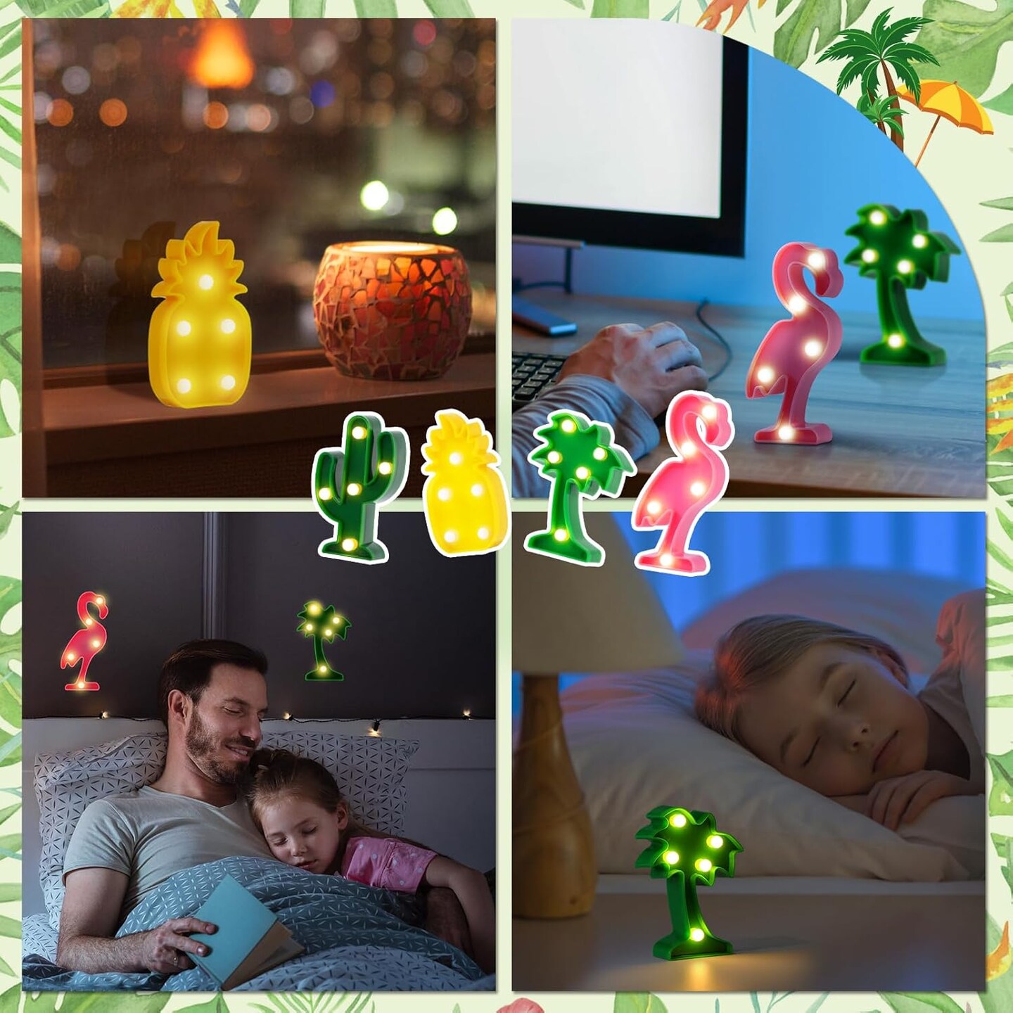 Summer Hawaiian Party Decorations Lights - 4 Shapes Flamingo, Cacti, Pineapple, Palm Tree Mini LED Sign Lamps for Summer Beach Tropical Party Decor Supplies