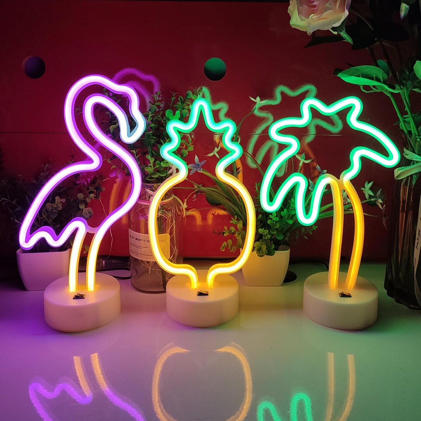 Flamingo Neon Sign with Holder Base, USB or 3-AA Battery Powered Neon Light, LED Desktop Decoration for Parties, Business Displays, and Summer Events (Multicolor)
