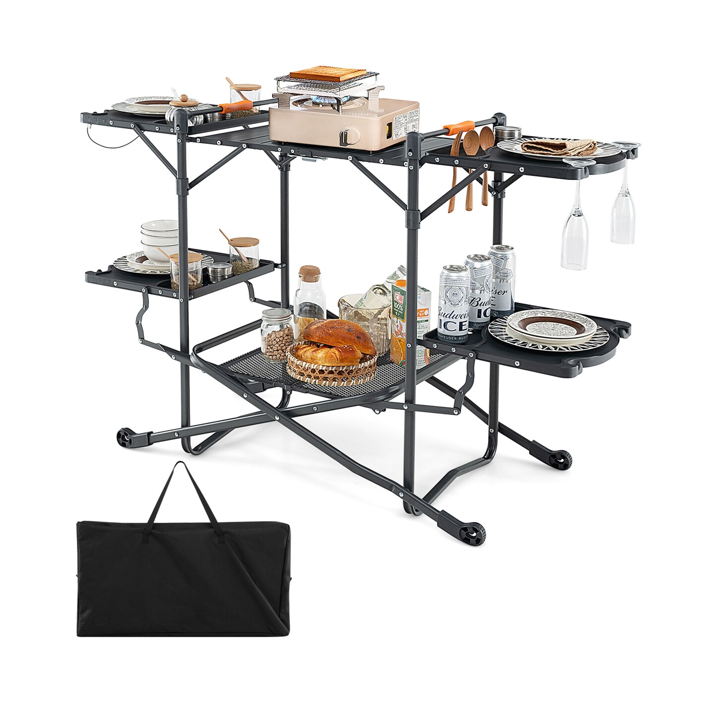 Black Foldable Portable Outdoor Cook Station with X-Shaped Frame and Aluminum Tabletop