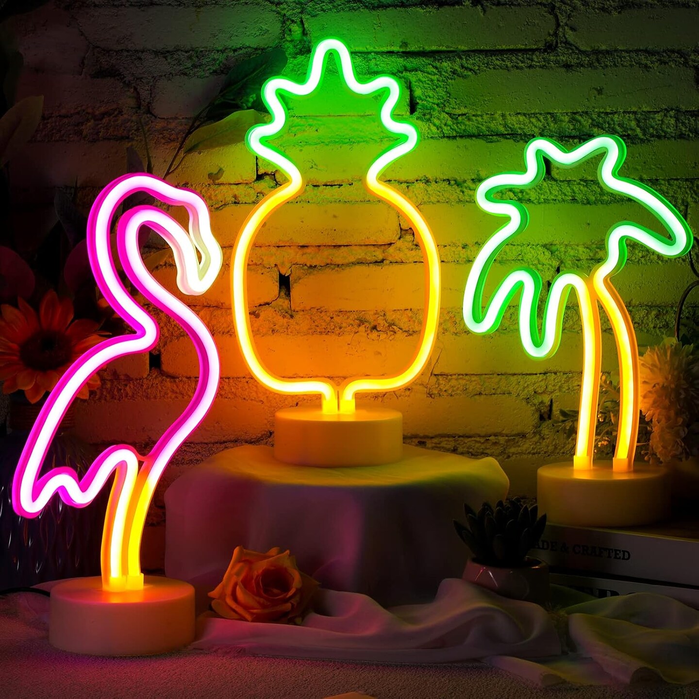 Tropical 3-Piece Neon Lights Set – Flamingo, Pineapple, and Palm Tree Neon Signs for Summer Parties, Hawaiian Decor, and Bedroom Vibes | Battery/USB Powered with Demountable Pedestal