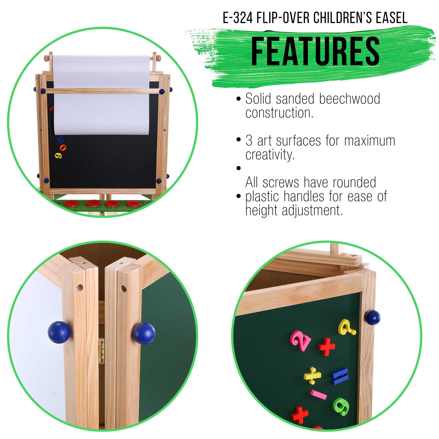 Children&#x27;s 3-Sided Art Activity Easel with 3 Magnetic Stations, Chalkboard, Blackboard, Dry Erase White Board, Paper Roll, Paint Cups Shelf - Painting