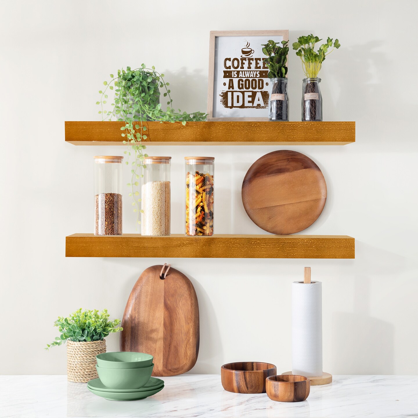 Sorbus Wood Floating Shelves for Wall - 24&#x201D; Solid Wood Wall Shelves for Bathroom Decor, Books, Bedroom &#x26; Living Room - Set of 2 Black Wall Mounted Kitchen Shelves - Durable 100% Premium Solid Pine
