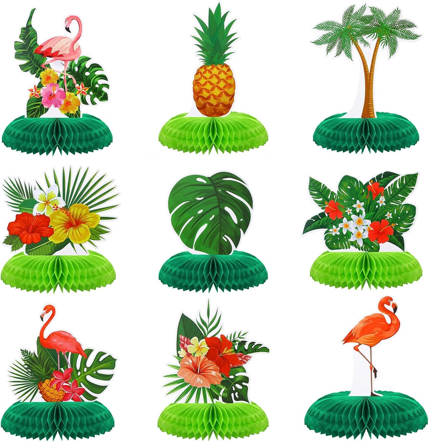9 Pcs Hawaiian Luau Aloha Party Decorations Summer Tropical Honeycomb Centerpieces Table Topper Flamingo Pineapple Palm Tree Table Centerpieces