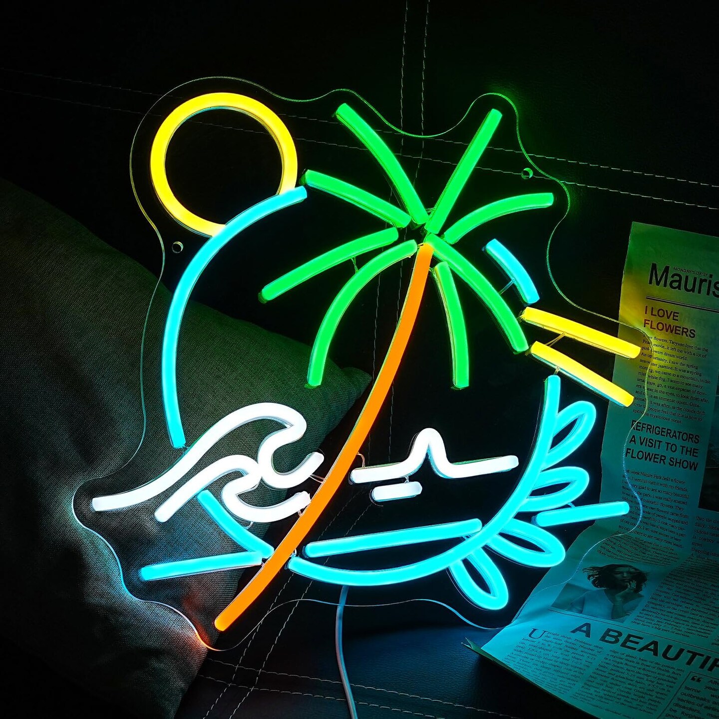 Palm Tree Neon Sign &#x2013; Sea Wave LED Light Circle for Wall D&#xE9;cor, Plant Neon Light for Bedroom, Living Room, Men&#x2019;s Cave, Bar, Hotel &#x26; Restaurant