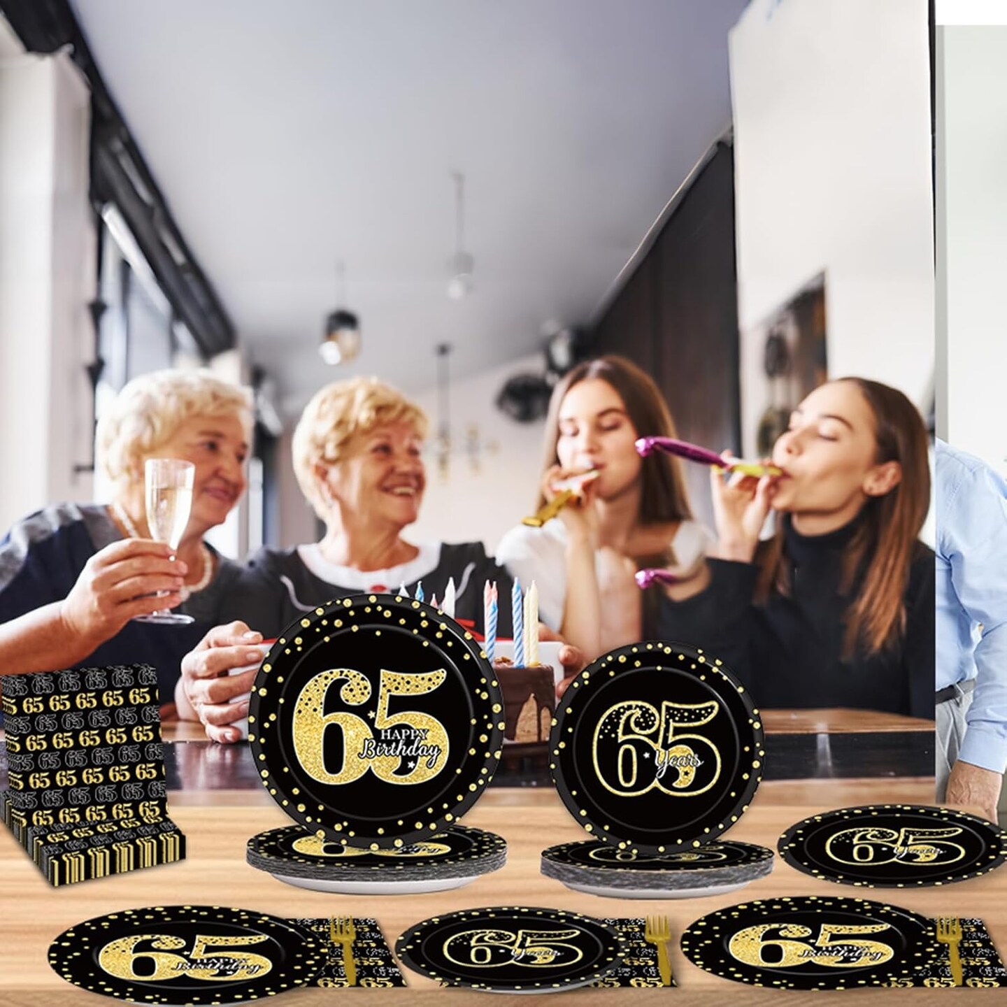 200Pcs 65th Birthday Party Supplies Happy 65th Birthday Gold Black Tableware Dinnerware Set 65 Years Old Plates and Napkins