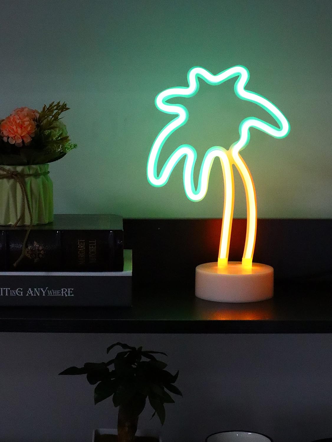Summer Tropical Neon Palm Tree Light &#x2013; Summer Night Lamp for Beach-Themed Room Decor, USB/Battery Powered, 11.5&#x201D; Table Light