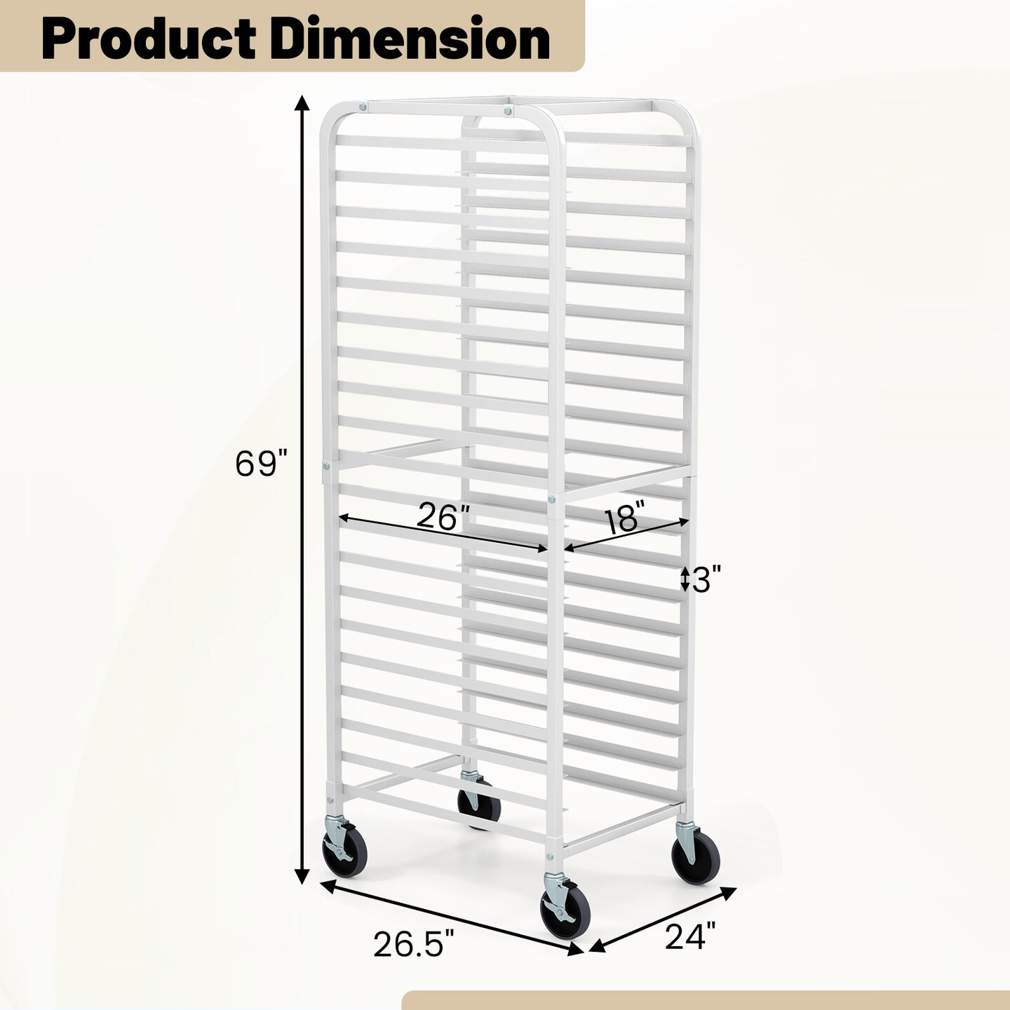 20 Tier Heavy Duty Aluminum Pan Rack Frame with Swivel 4 Wheels and Open Shelves