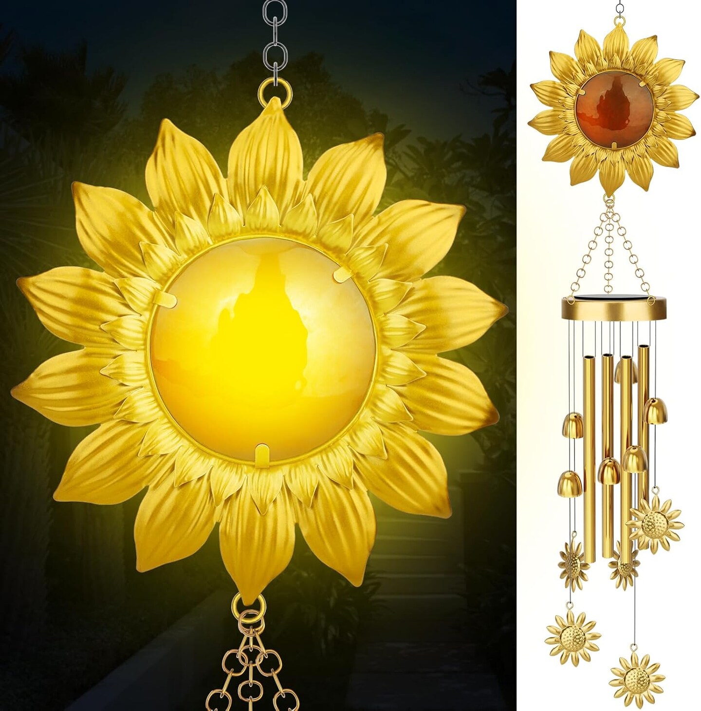 42-Inch Solar Wind Chimes with Sunflower LED Lights – Waterproof Outdoor Garden Decor for Patio, Yard, and Gifts for Women