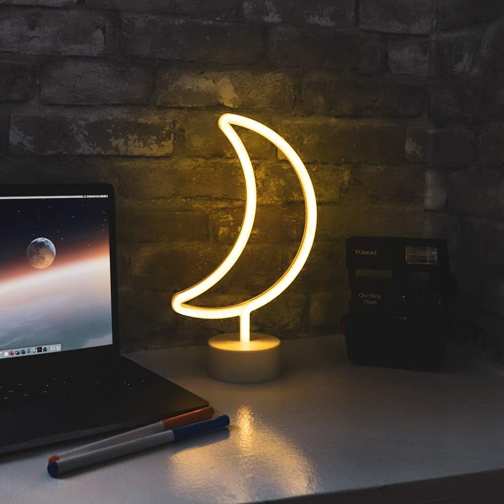 Summer LED Neon Yellow Crescent Moon Tabletop Lamp with White Base, Battery Powered Night Light for Nightstand, Bedroom Décor, Party, and Celebrations