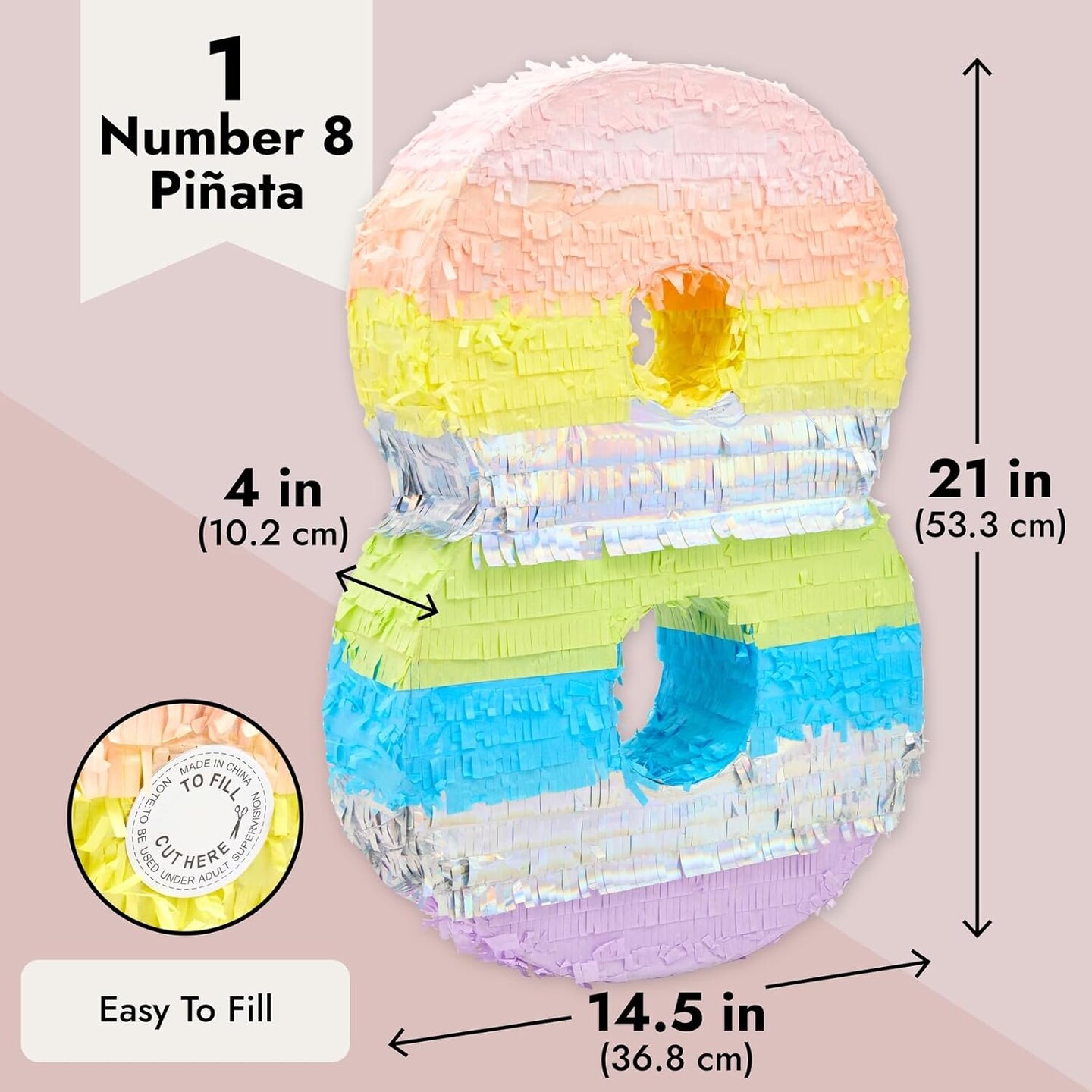 Large Number 8 Pinata for 8th Birthday Party Decorations, Rainbow Pastel (21 x 14.5 x 4 In)