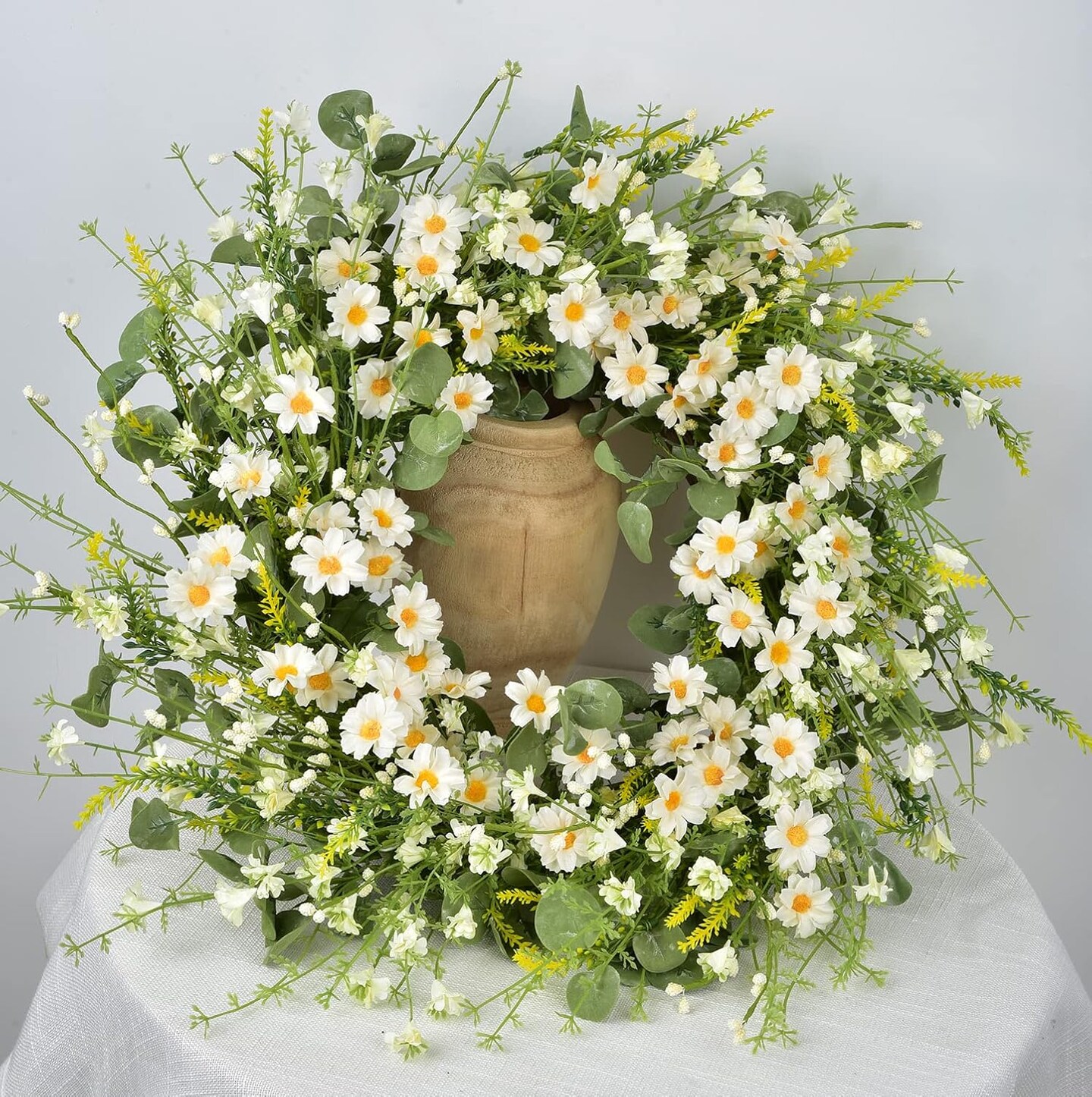 Summer 24 Inch Artificial Daisy Flower Wreath with Eucalyptus Leaves, Silk Flowers, and White Berries for Front Door and Wall Decor