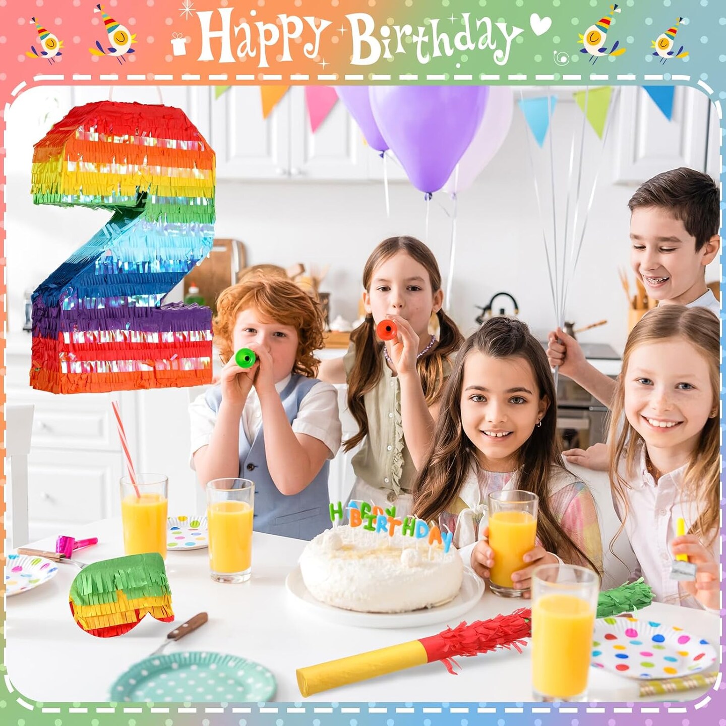 Rainbow Mexican Number 2 Piñata for Kids with Blindfold Stick and Confetti Birthday Party Decoration Piñata for Anniversary Cinco de Mayo Fiesta Party Decor(Number 2)