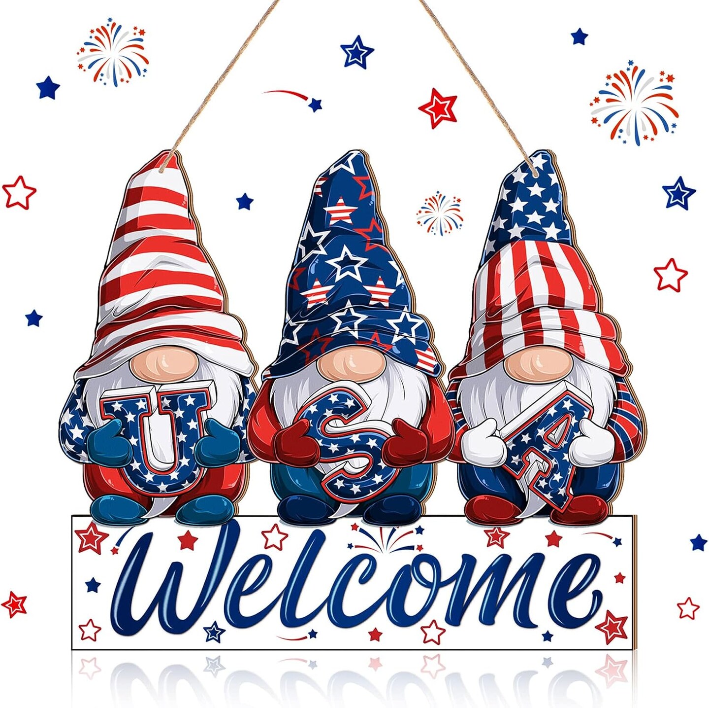 Patriotic Welcome Door Decor 4th of July Wooden Sign Red Blue White Retro Gnome Memorial Day Door Hanger Decoration for Independence Day Porch Wall Window