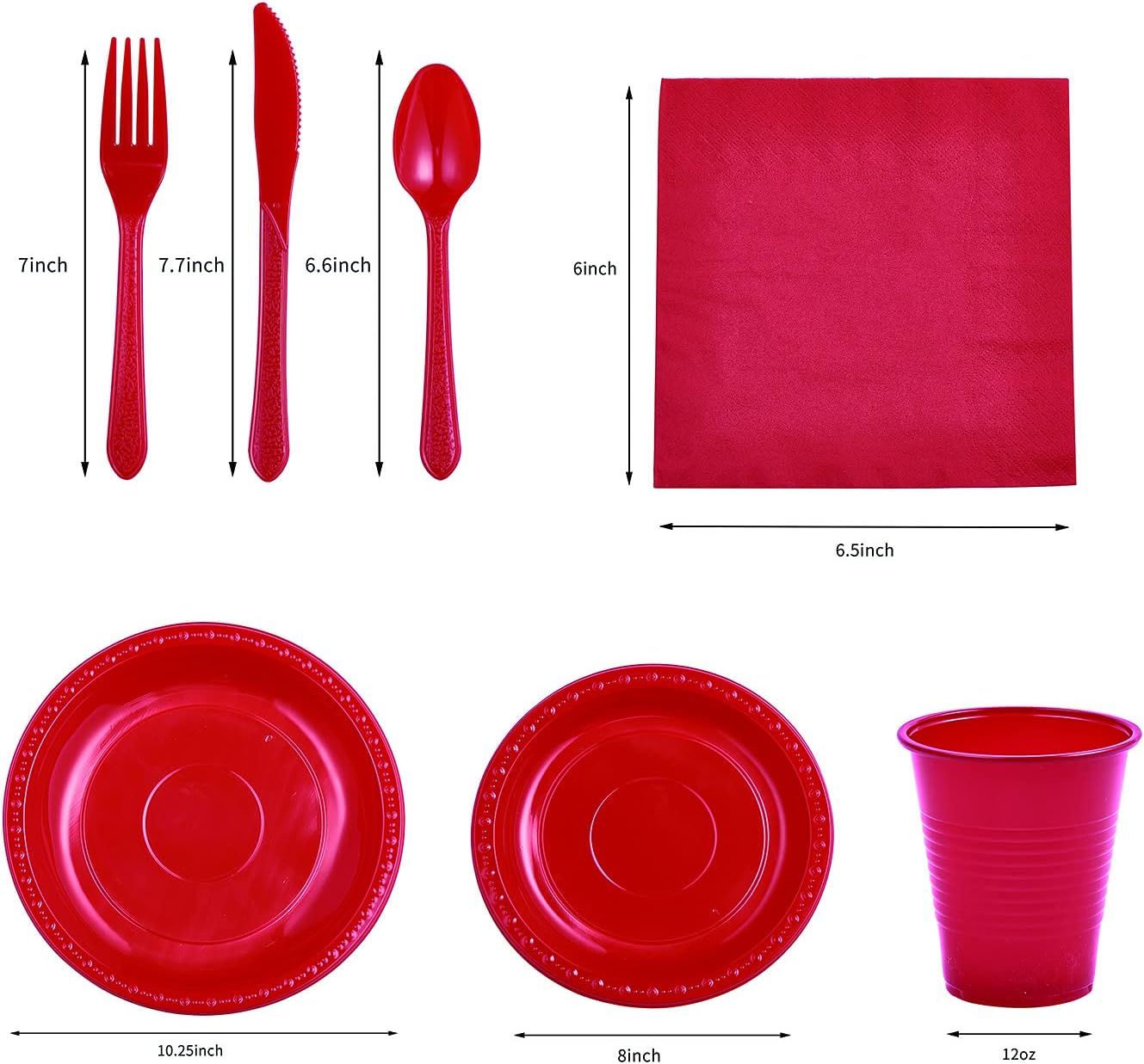175 PCS Red Plastic Dinnerware Set Includes 50 Plates, 25 Cups, 25 Napkins, 25 Cutlery Spoons Forks &#x26; Knives, Disposable Dinnerware Set, Red Party Supplies Set