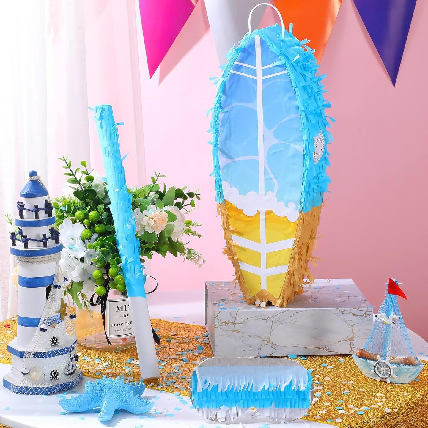 Small Surfboard Pinata with Stick and Blindfold Confetti Summer Pinata Hawaii Decorations Surfboard Beach Pinata Birthday Pinata