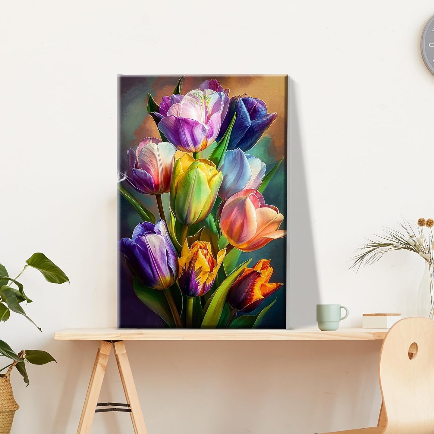 Floral paint by numbers kit for adults featuring a tulip design—includes pre-framed canvas and easel. Digital oil painting kit (7.87 × 11.81 inches), perfect for home wall décor or as a thoughtful gift.
