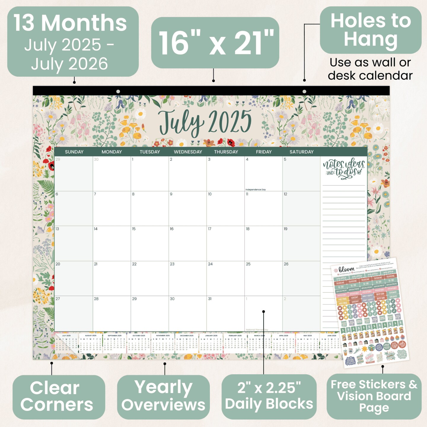 bloom daily planners 2025-26 Academic Desk Calendar, 16" x 21", Seasonal