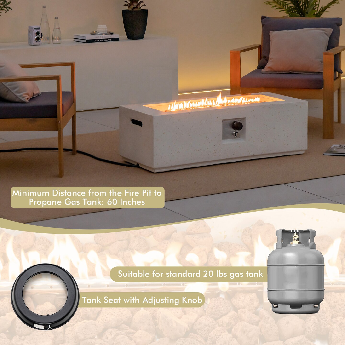 White Terrazzo Fire Pit Table with 50,000 BTU Heat, Metal and Stainless Steel