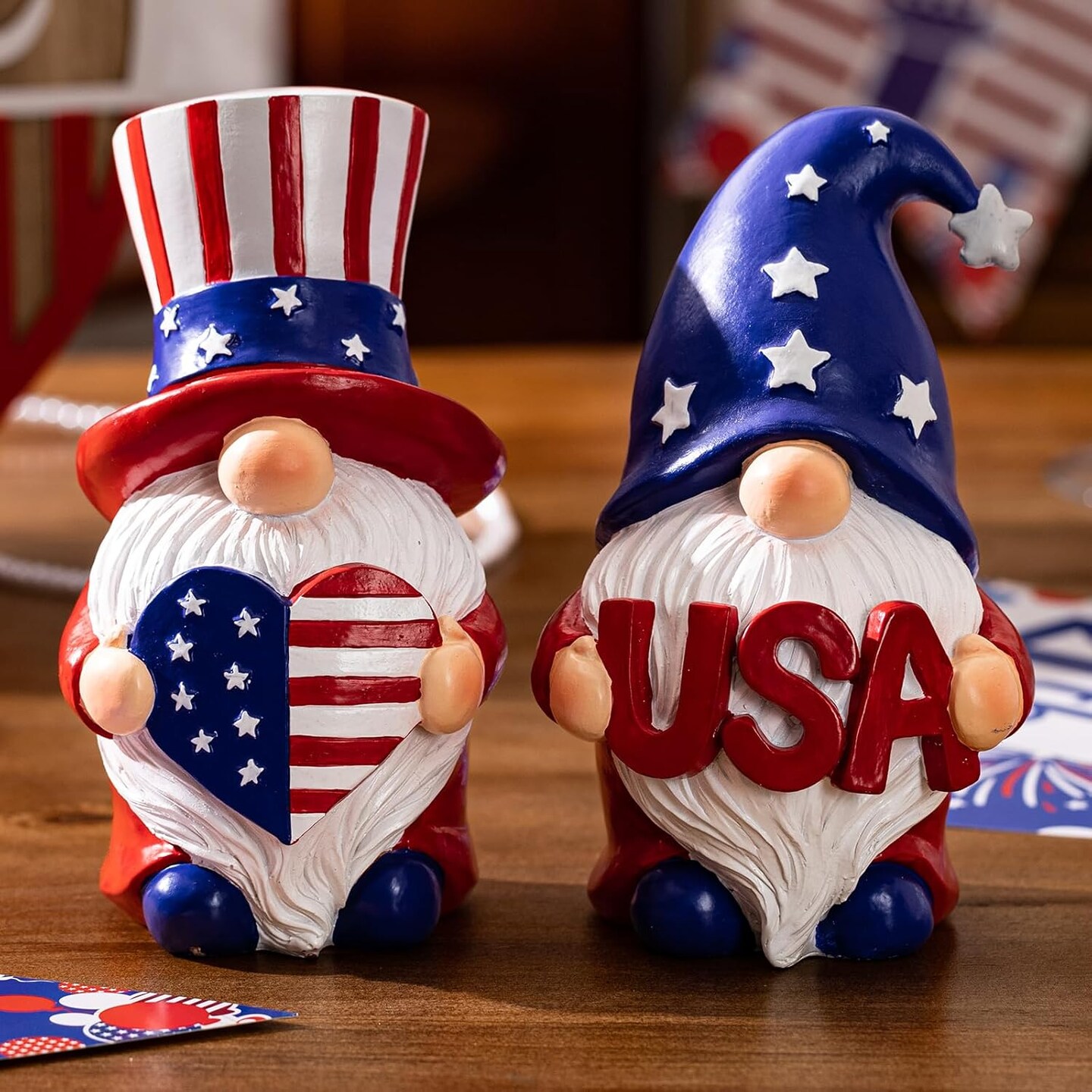 Outdoor Patriotic Garden Gnomes, 2pcs 4th of July Gnome Decor Indoor, Red White Blue Decorations, Gnomes Gifts for Women Mom Grandma