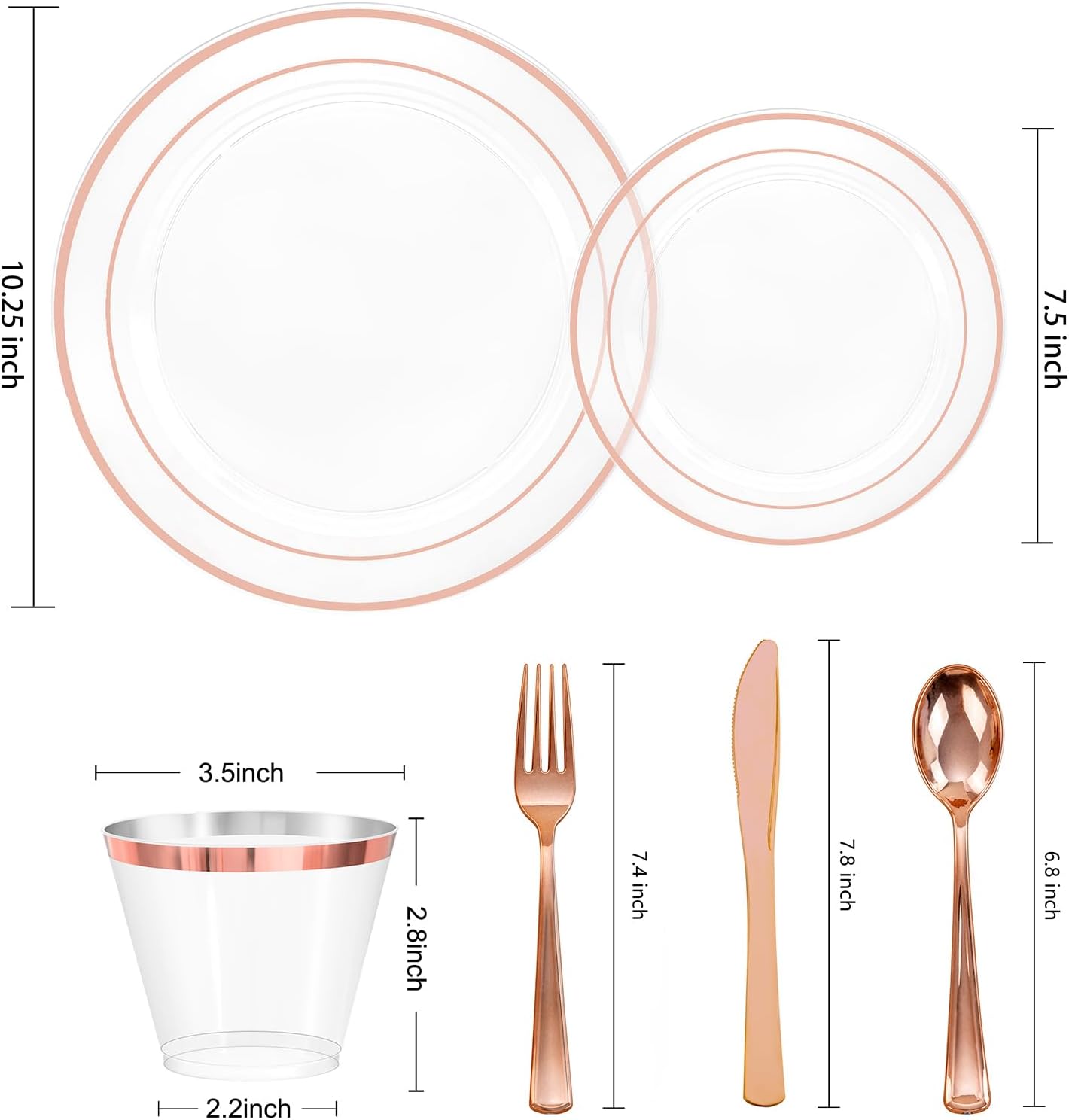 300PCS Clear Rose Gold Plastic Dinnerware - Rose Gold Disposable Dinnerware Set Include 50 Dinner Plates,50 Dessert Plates,50 Knives,50 Forks,50 Spoons,50 Cups for Party, Wedding &#x26; Mother&#x2019;s Day