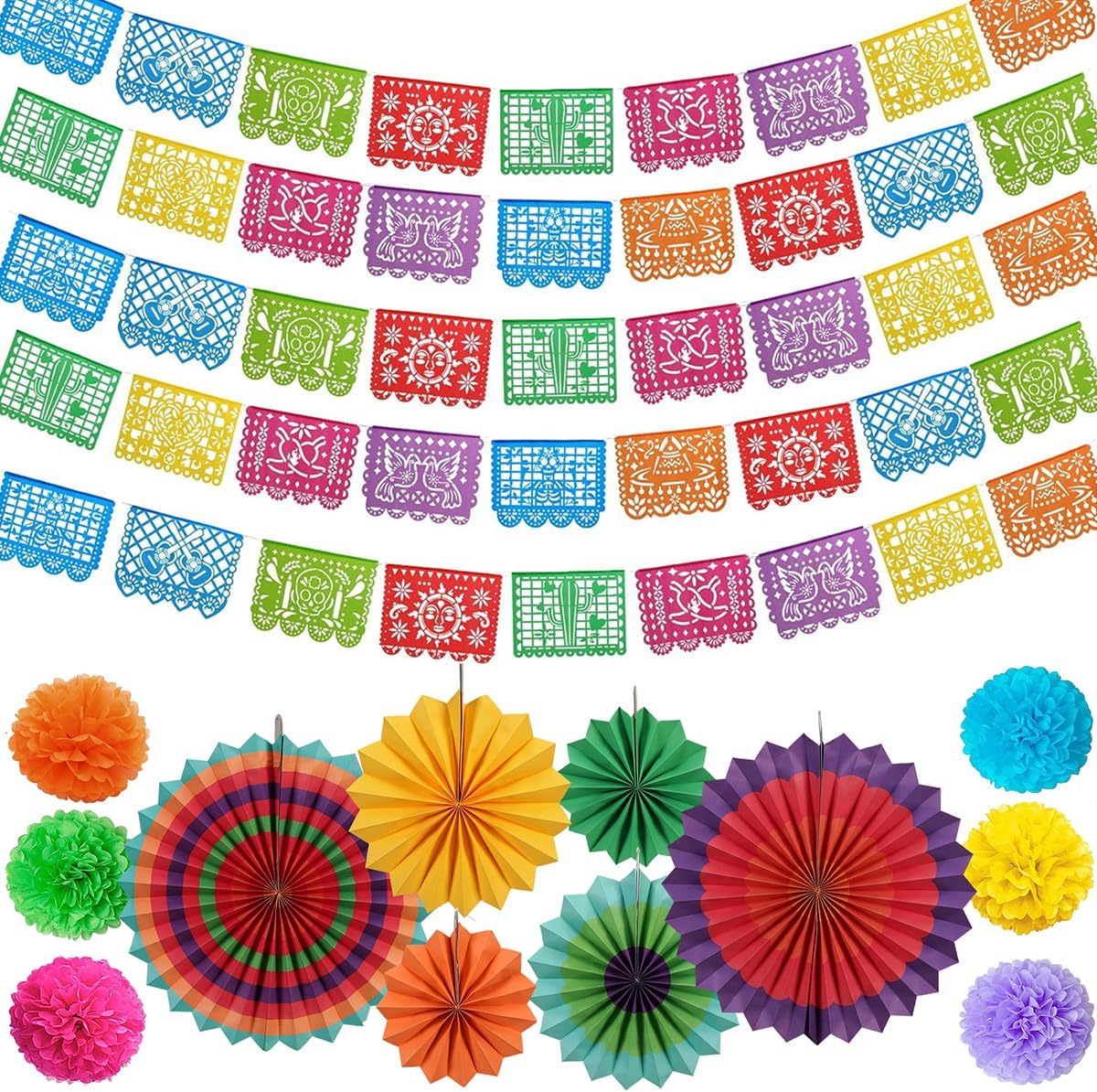 17Pcs Fiesta Party Decorations,Mexican Party Banners,82.5 Feet Plastic Papel Picado,Mexican Party Decorations,Cinco de Mayo Decoration,Dia de los Muertos,Day of the Dead Decor with Paper Fans Pom Poms Flowers
