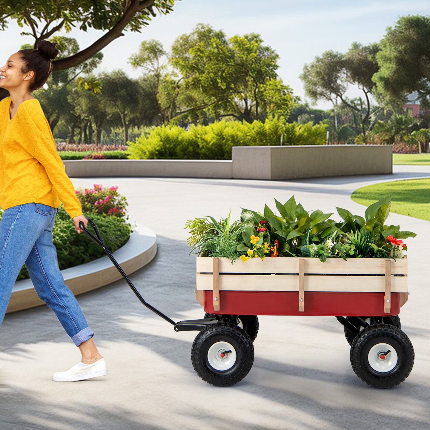 Garden Cart with Wood Railing and Pneumatic 2 Front Wheels Perfect for Grassland or Sand Land