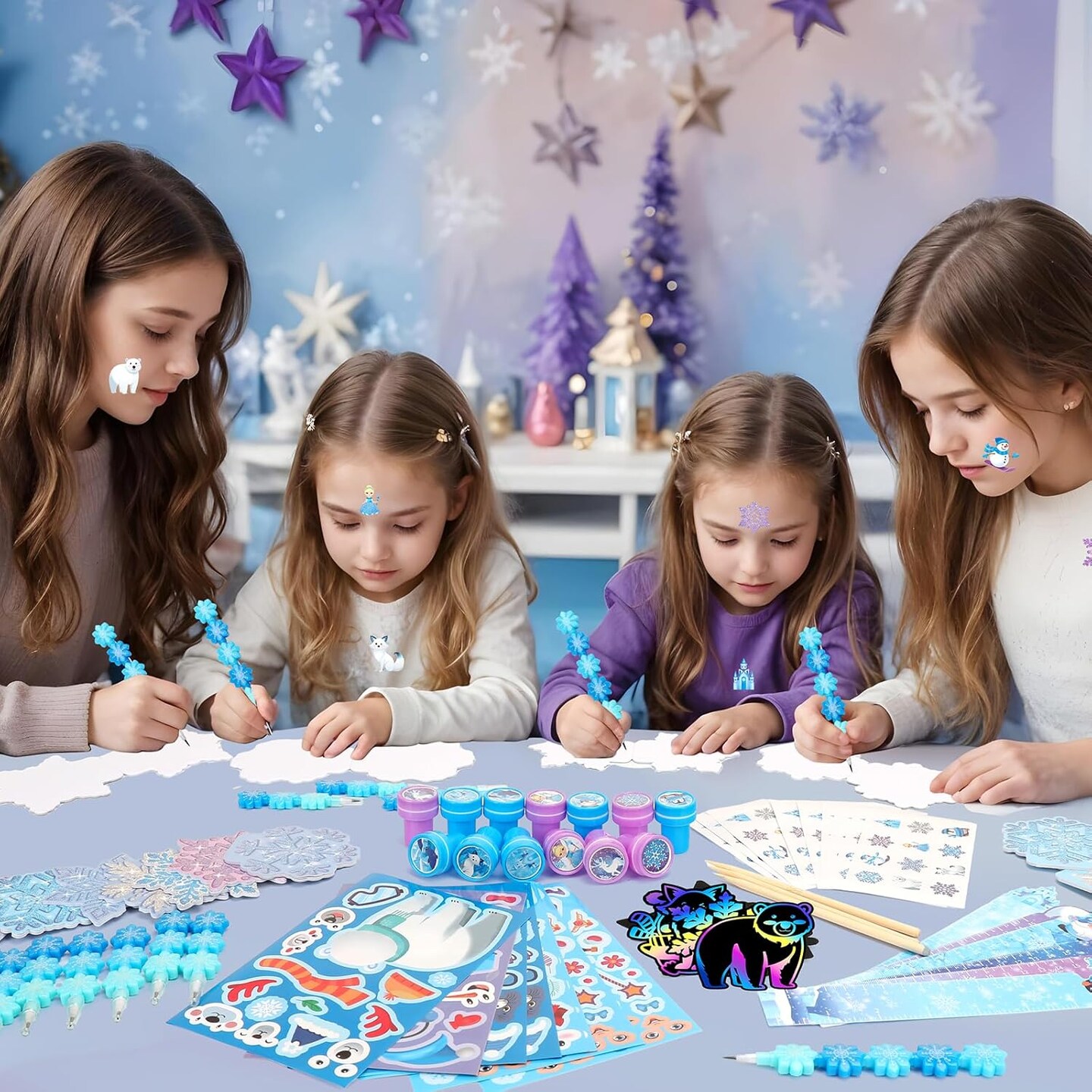 BenLouis 216Pcs Frozen School Stationery Party Favors Winter Snowflake Themed Classroom Gift Reward Prizes Bulk for Students Kids Holiday Frozen Birthday Goodie Bag Stuffers Pinata Filler