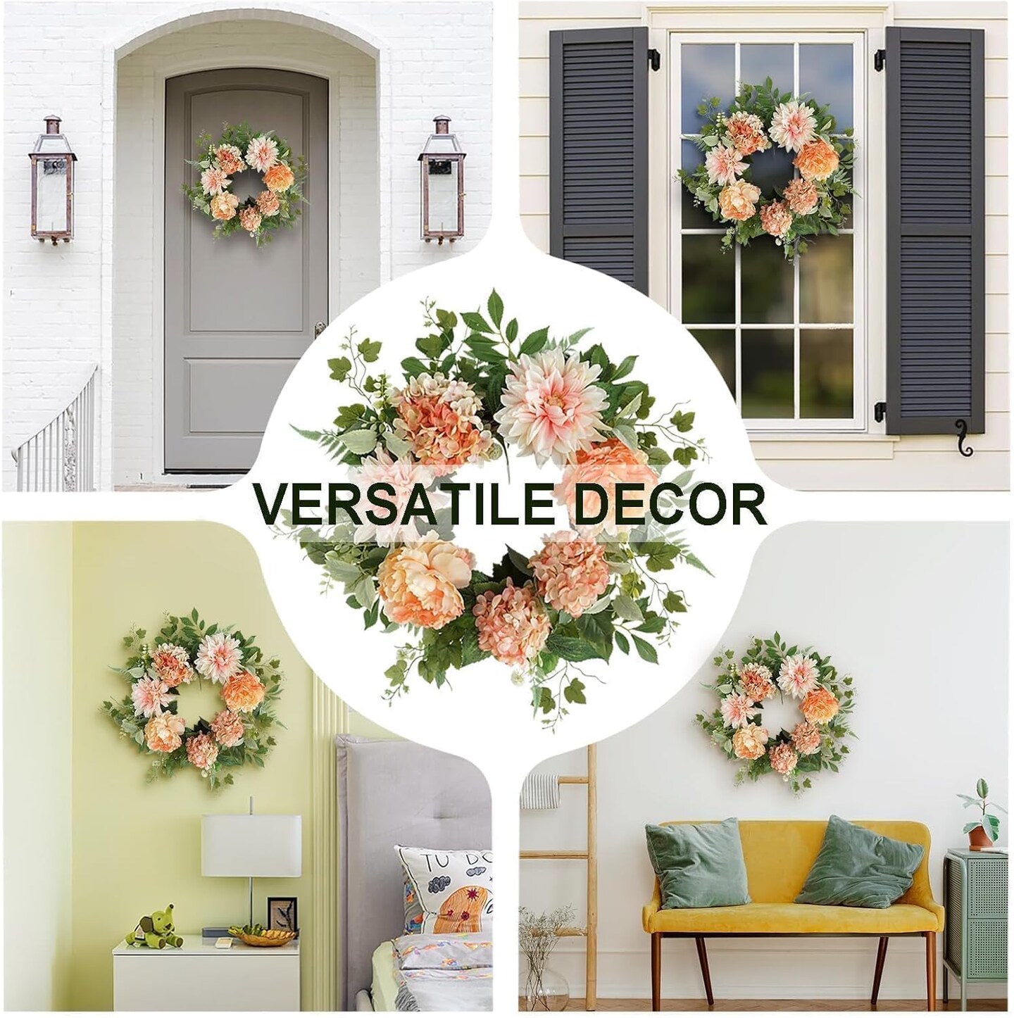 Summer Floral Wreath for Front Door, 20 Inch Artificial Wreath with Peony, Dahlia, and Hydrangea Flowers, Floral Wreath for Window, Porch, and Wall Decor, Year-Round Home Decoration