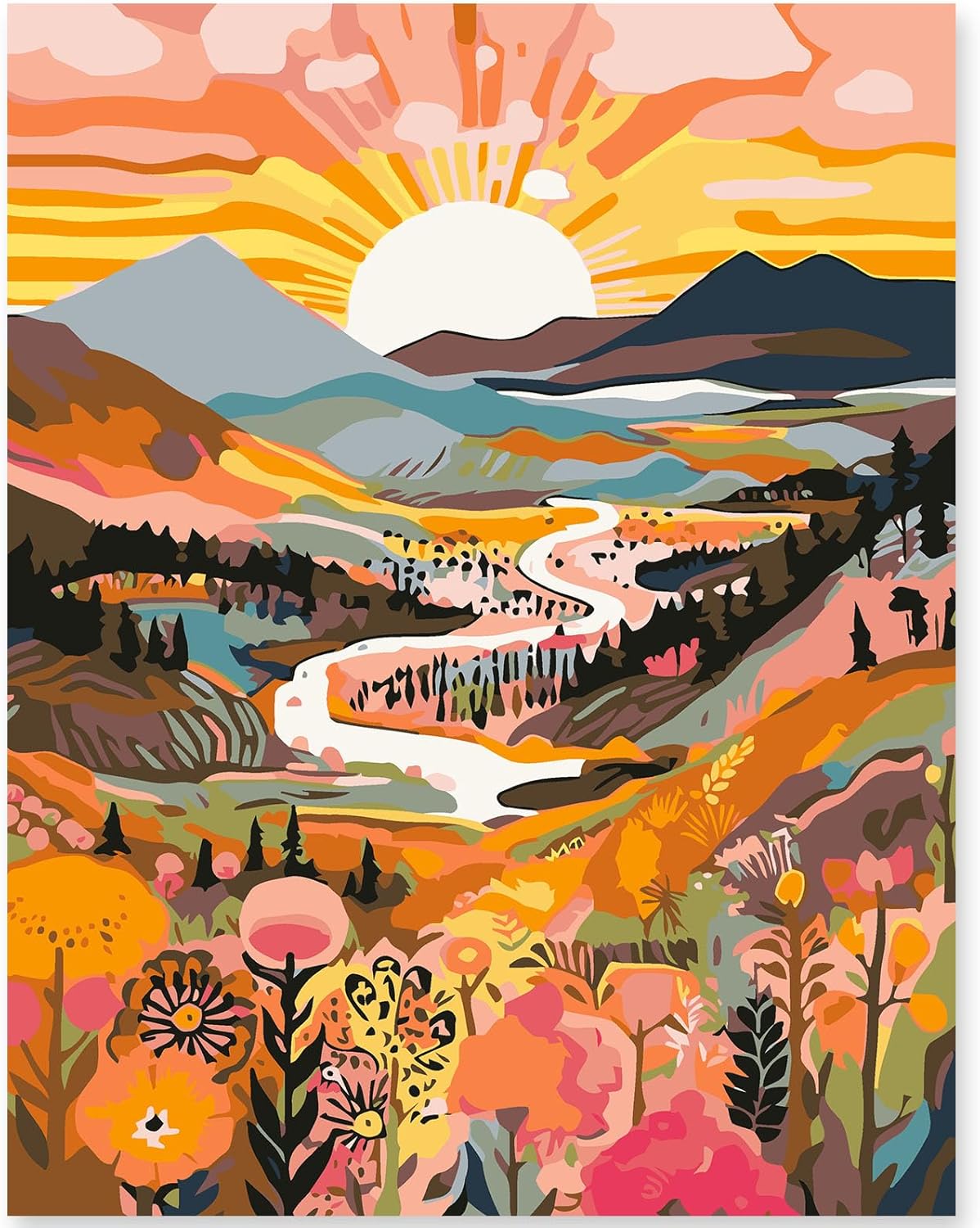 Paint by Numbers Kit for Adults Beginners &#x26; Kids Ages 8-12,1 Pack 16x20 inches Canva for Painting Kits for Adults in Colorful Box(Without Frame)- Sunrise Mountains and Rivers