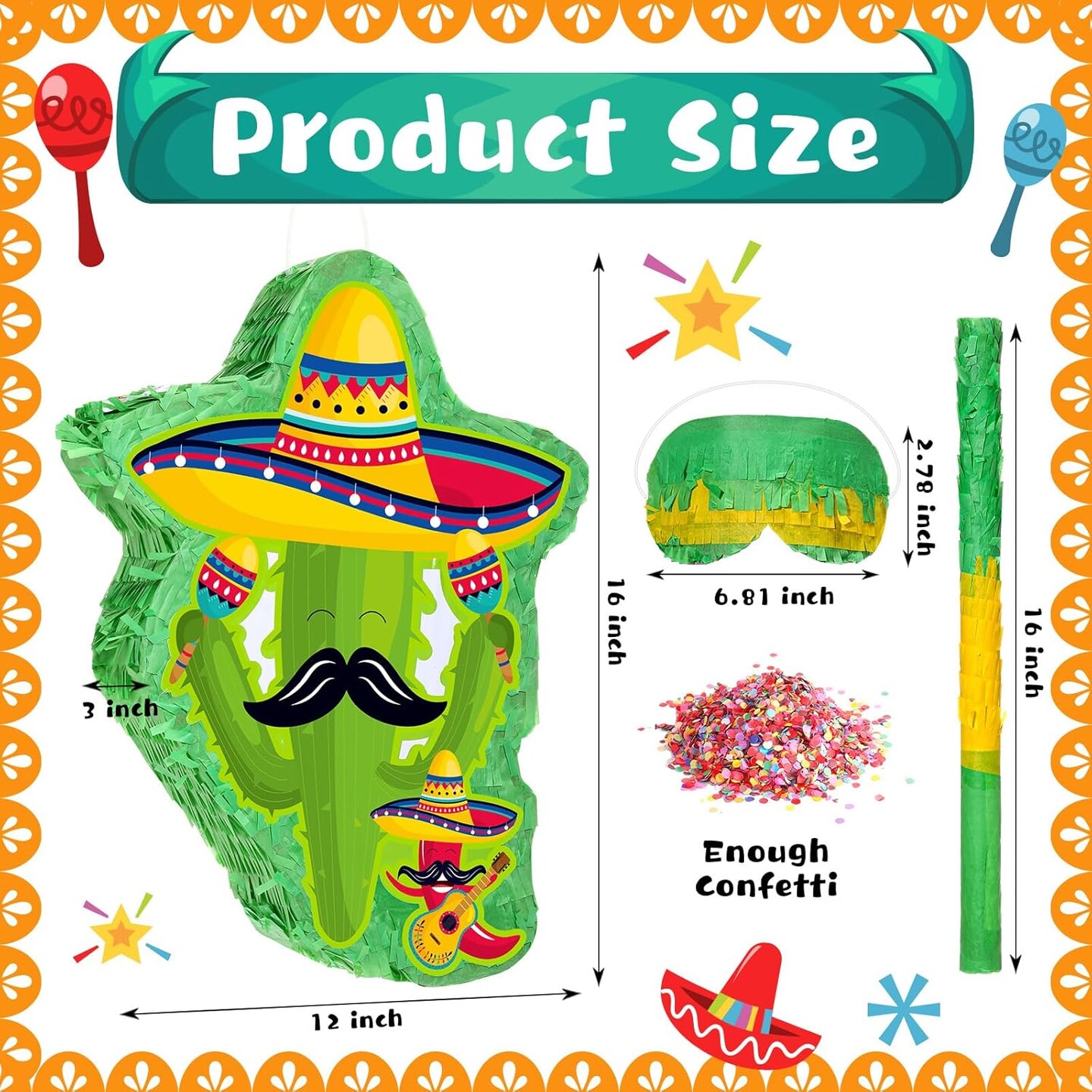 Mexico Cactus Piñata 16x12x3 Inch Cactus Piñata with Stick Blindfold and Confetti Pepper Piñata with Mexico Hat Cinco De Mayo Fiesta Red Chili Piñata for Party Game