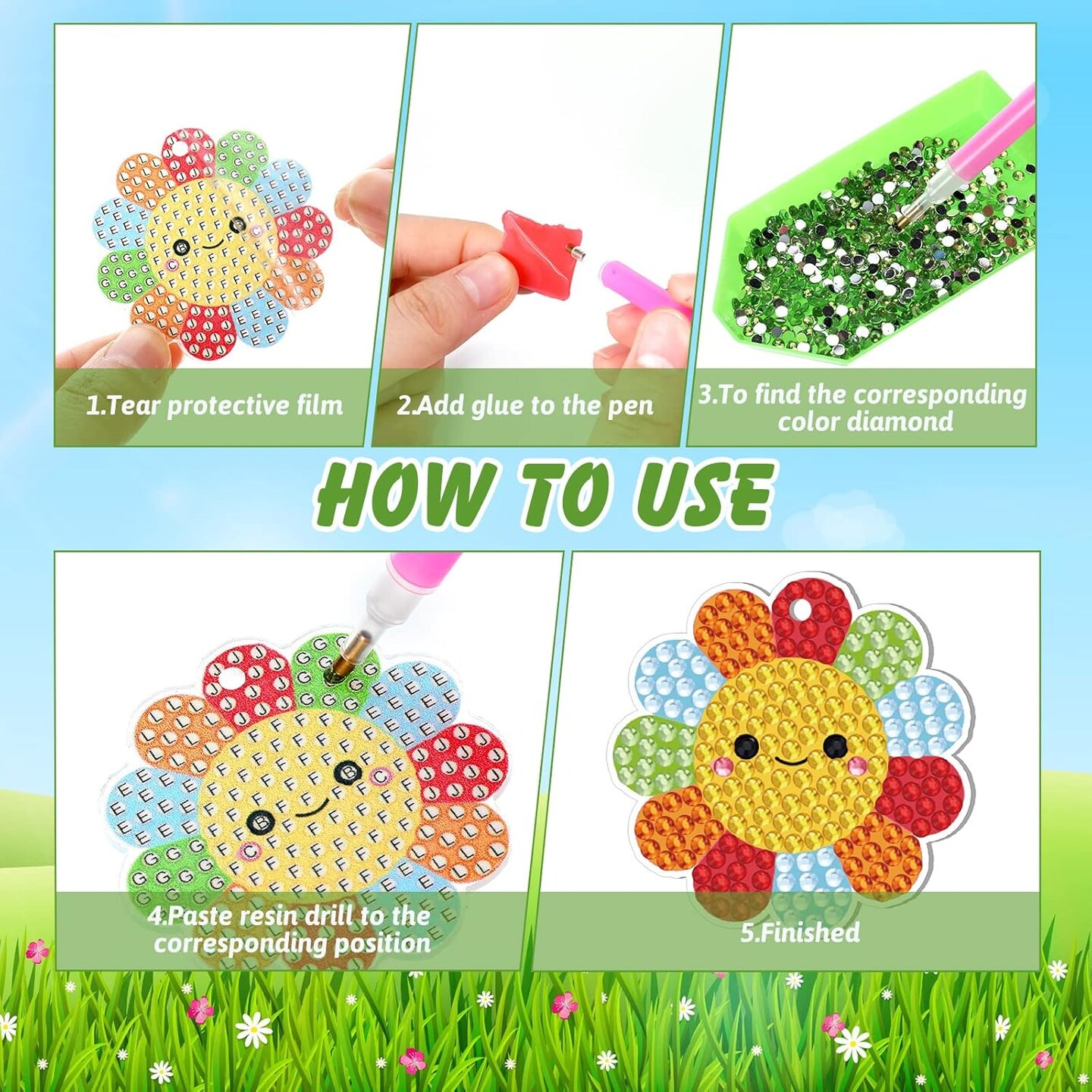 20 Pcs Summer Diamond Painting Kits for Kids 5d Diamond Art Keychains Flower Insect Animal Bee Frog Craft Tags Creative Ornament Gifts Spring Summer Decor for Kids Adults