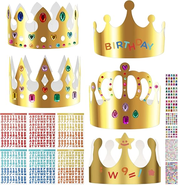 33 Pieces Paper Crowns Set Paper Prince Princess Crown Hats DIY Party Crowns Make Your Crowns With Gem Number Letter Stickers
