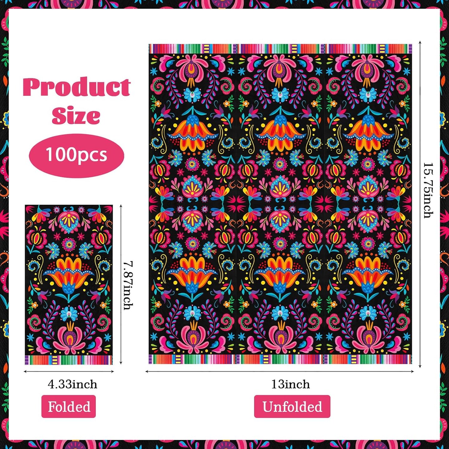 100Pcs Mexican Fiesta Napkins 3Ply Colorful Flower Paper Napkins Disposable Bathroom Hand Napkins Guest Towels Mayo Dance Taco Pinata Dinner Napkins for Mexican Fiesta Party Decorations Birthday