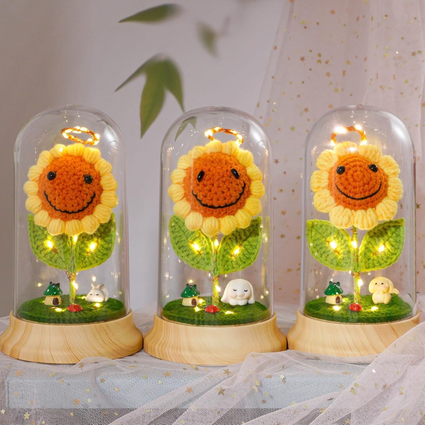 Sunflower Gifts for Women, with Led Glass Dome Smiley Crochet Artificial Sun Flower Desk Decorations, for Her Mom Mothers Day Birthday Christmas Valentine Gifts (W 4.3" X H 7.5")