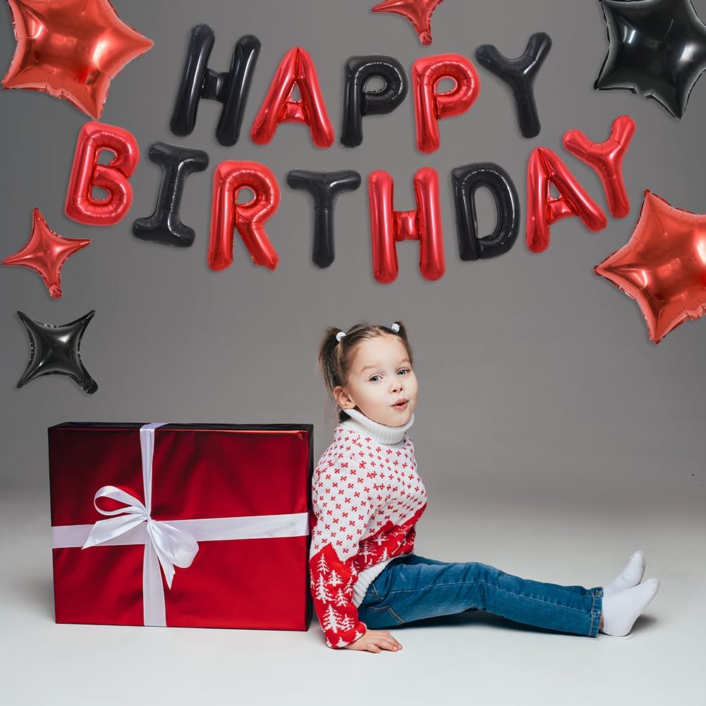 35PCS Black and Red Happy Birthday Decorations 16 Inch Happy Birthday Balloon Banner with Star Balloons Mylar Foil Birthday Party Decorations Supplies for Men Women Adults Girls Boys Kids