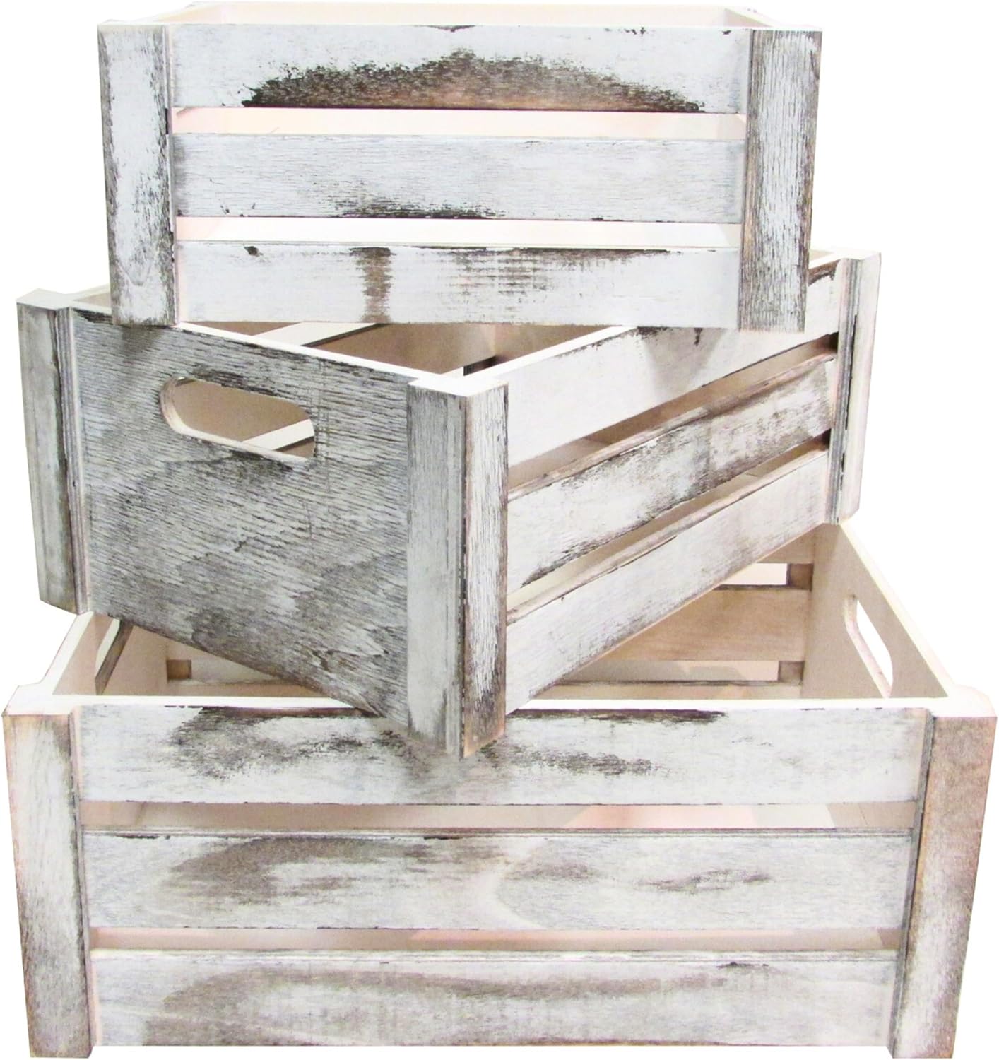 Set of 3 Wooden Crates Storage Container, Rustic White