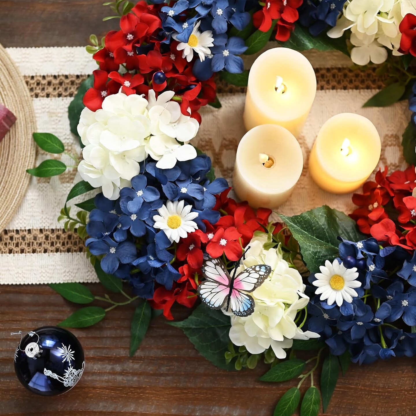 Patriotic Hydrangeas Wreaths for Front Door with Lights,Red White Blue Summer Artificial Floral Memorial Day Wreath with Eucalyptus Leaves Butterfly for 4th of July 18&#x27;&#x27;