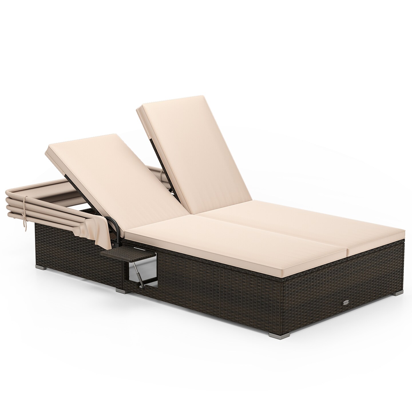 Double Chaise Lounge with Adjustable Backrests, Retractable Canopy &#x26; Cushions