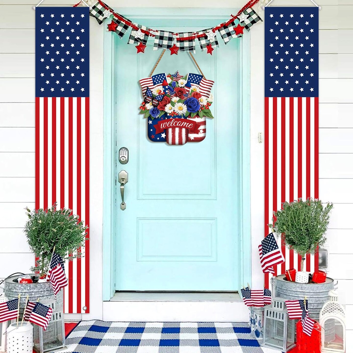 4th of July Door Sign Independence Day Wreath Patriotic Door Decoration Flower US Wooden Sign for Memorial Day Front for Door Decor 12 Inch Outdoor