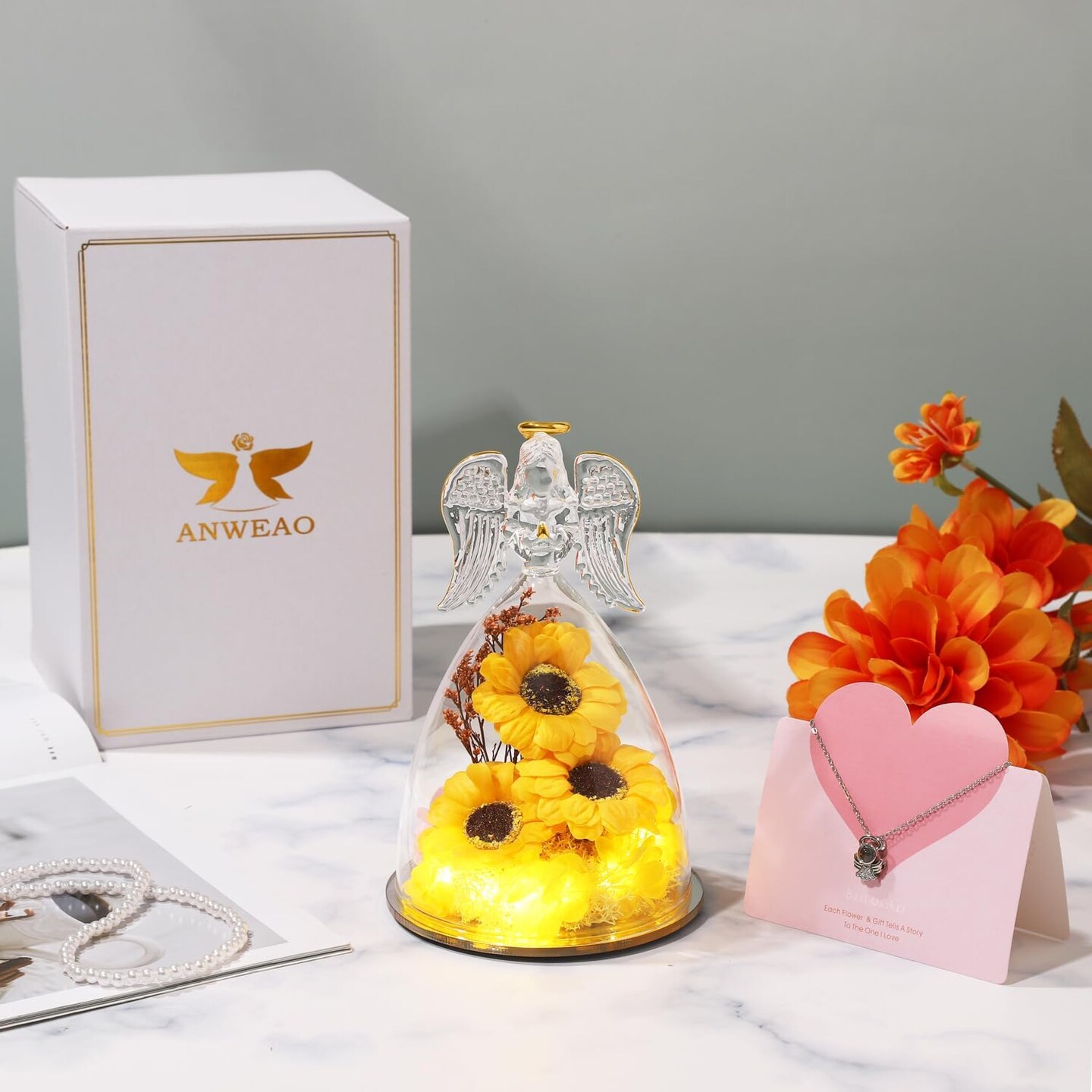 Mothers Day Rose Gifts for Mom,Sunflower Gifts for Her,Angels Figurines with 3 Sunflowers &#x26; Lighted with Necklace,Sunflower Birthday Gifts for Women Mom Wife Girlfriend
