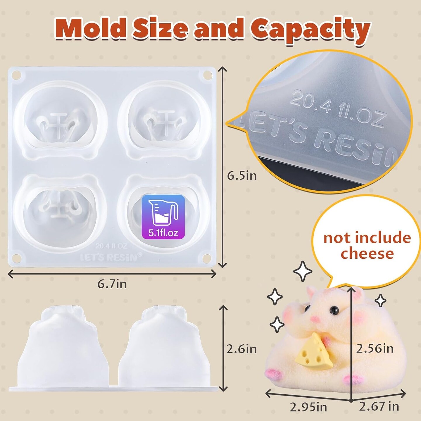 LET&#x27;S RESIN 4-in-1 Hamster Silicone Molds for Taba Squishy, 3D Animal Molds to Make Decompression and Cute Birthday Gift for Hamster Lover, Flexible and Durable Resin Mould
