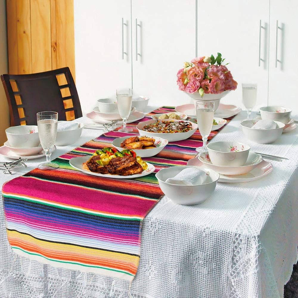 Mexican Serape Table Runner 14 x 84 Inch for Mexican Party Wedding Decorations Outdoor Picnics Dining Table, Fringe Cotton Table Runners