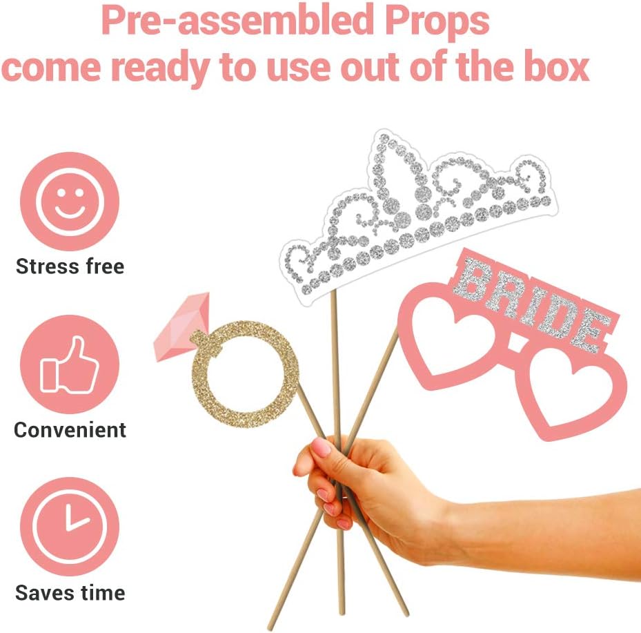 Fully Assembled Wedding Photo Booth Props - Set of 40 - Gold, Pink, Teal, &#x26; Silver Selfie Signs - Wedding Party Supplies &#x26; Decorations - Cute Designs with Real Glitter - Did We Mention No DIY