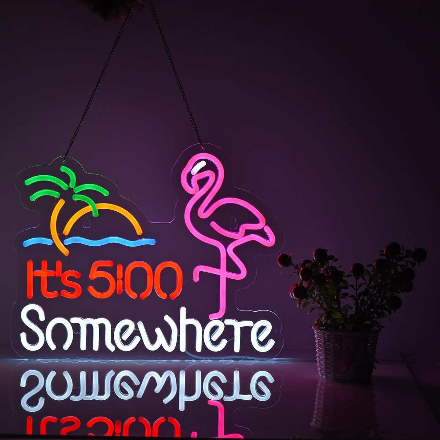 Summer Flamingo &#x22;It&#x27;s 5:00 O&#x27;clock Somewhere&#x22; Neon Sign - Dimmable LED Bar &#x26; Beer Neon Light for Wall D&#xE9;cor